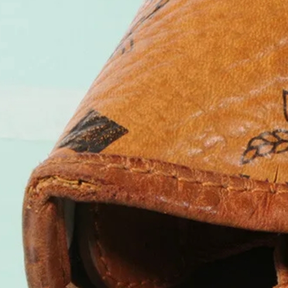 MCM Authentic Visetos  Shopper Tote Bag Yellow Gold Cognac Brown Blue Striped - Picture 10 of 16